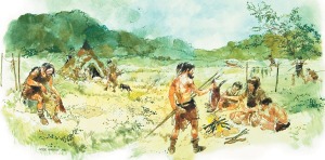 Ilustración de un campo de cazadores-recolectores